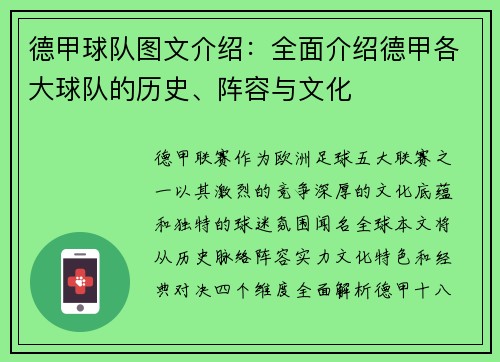 德甲球队图文介绍：全面介绍德甲各大球队的历史、阵容与文化