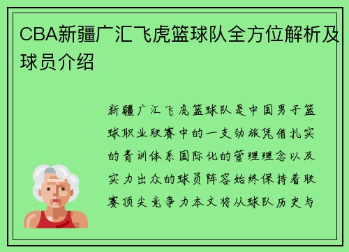 CBA新疆广汇飞虎篮球队全方位解析及球员介绍
