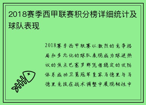 2018赛季西甲联赛积分榜详细统计及球队表现